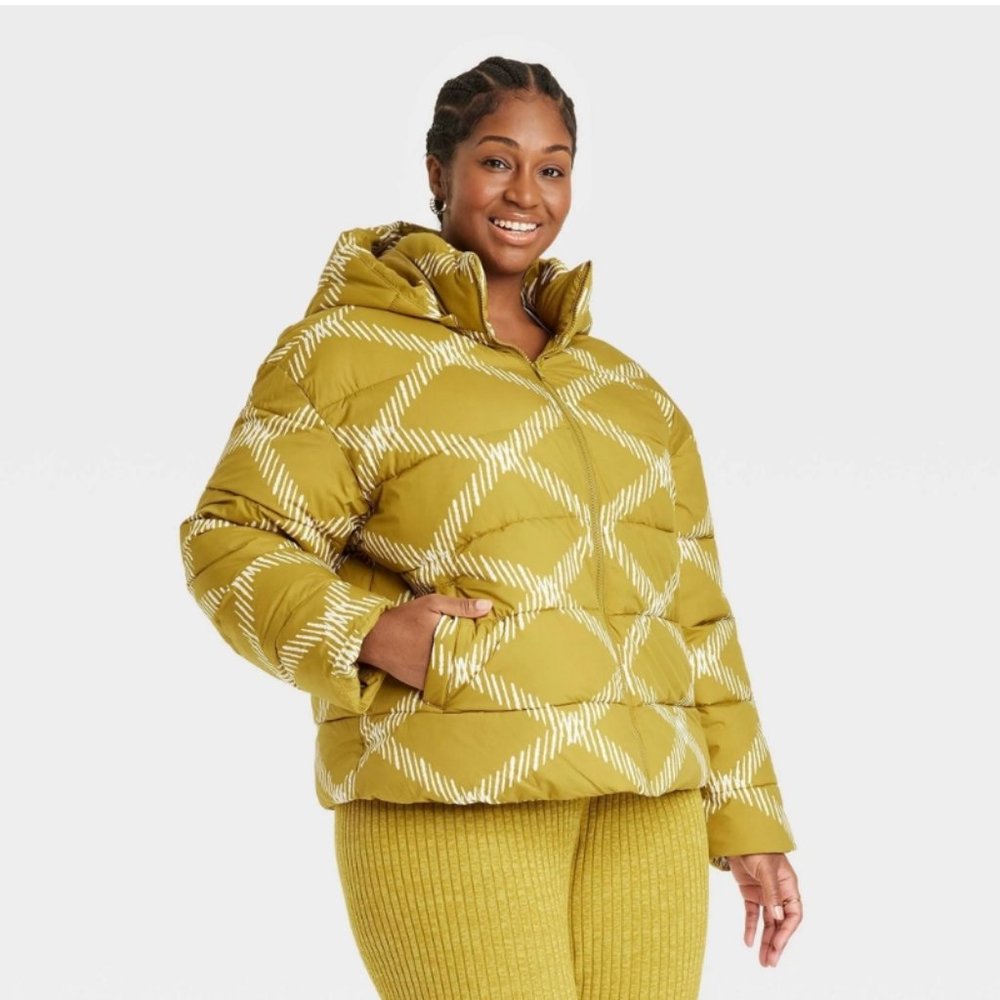 Women's Plus Size Hooded Short Puffer Coat - Ava & Viv Green Diamond 1X NWT - Picture 1 of 8